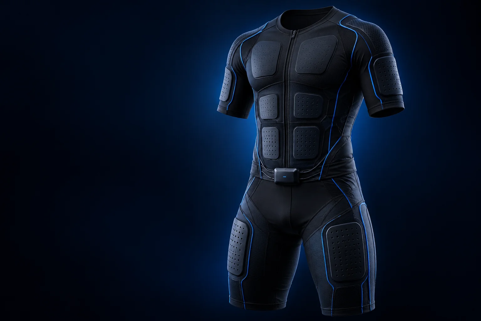 Concept illustration of a black EMS training suit with blue electrode detailing
